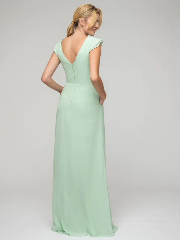 V Neck Chiffon Cap Sleeves Long Bridesmaid Dresses