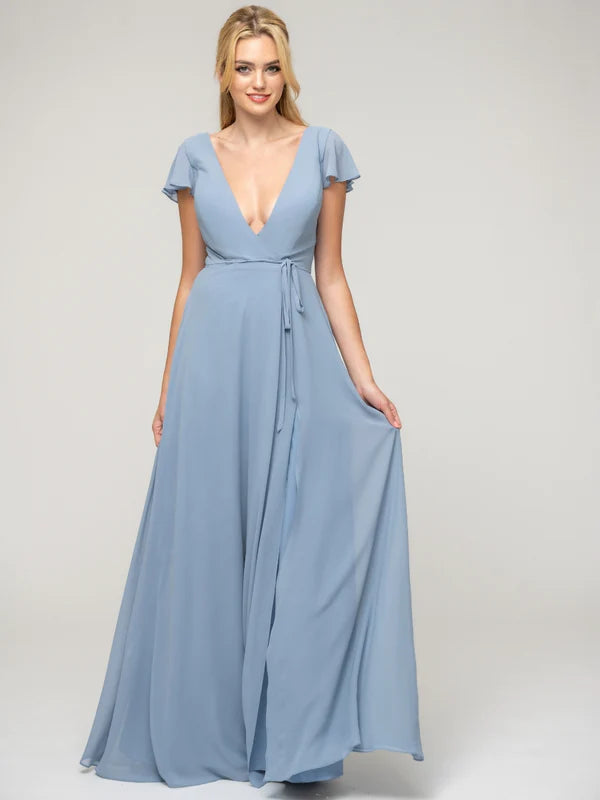Ruffle Sleeve V Neck Slit Bridesmaid Dresses For Wedding