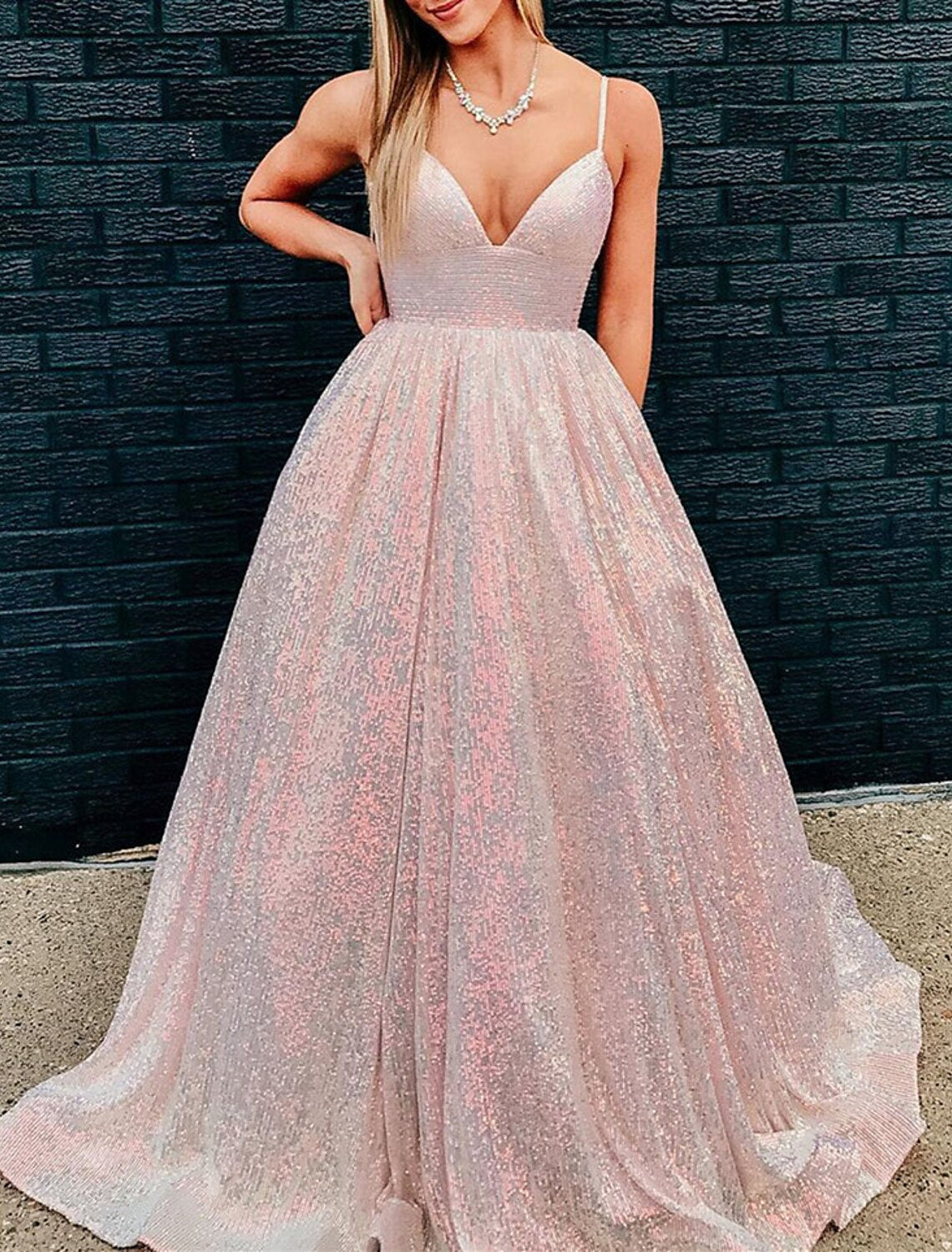 A-Line Prom Dresses Sparkle & Shine Dress Party Wear Wedding Guest Floor Length Sleeveless Spaghetti Strap Sequined with Glitter Sequin