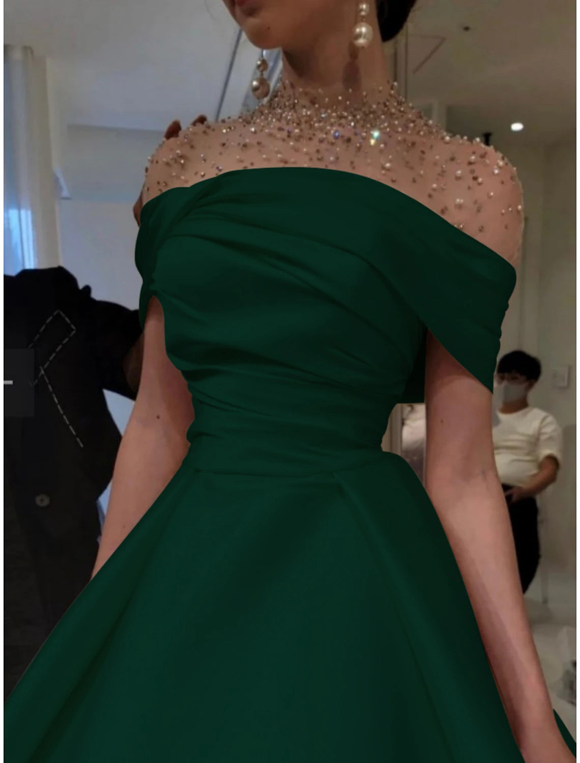 A-Line Evening Gown Elegant Dress Formal Christmas Red Green Dress Floor Length Short Sleeve Illusion Neck Satin with Ruched Beading