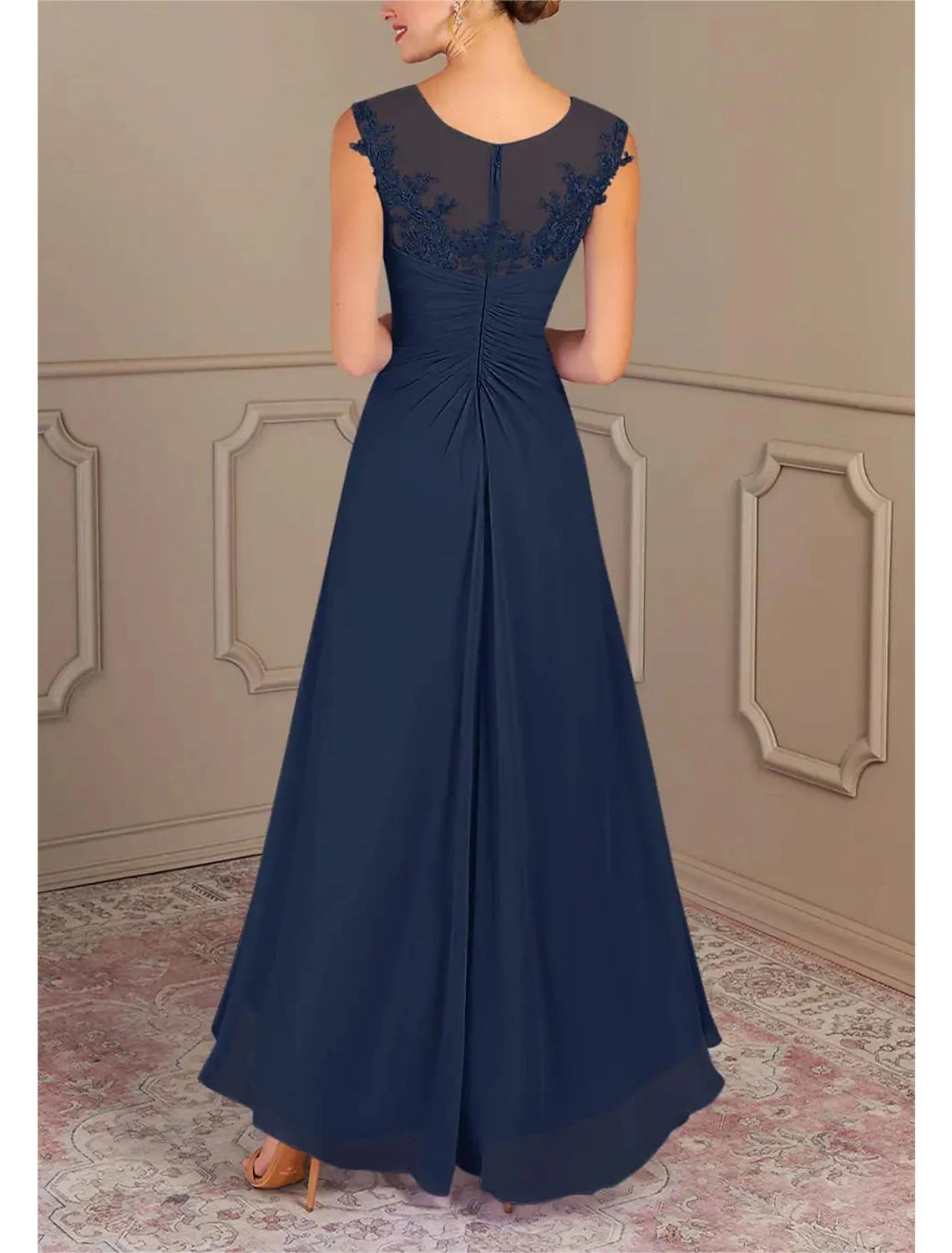 A-Line Mother of the Bride Dress Formal Wedding Guest Elegant Jewel Neck Asymmetrical Chiffon Sleeveless with Lace Sequin Ruching