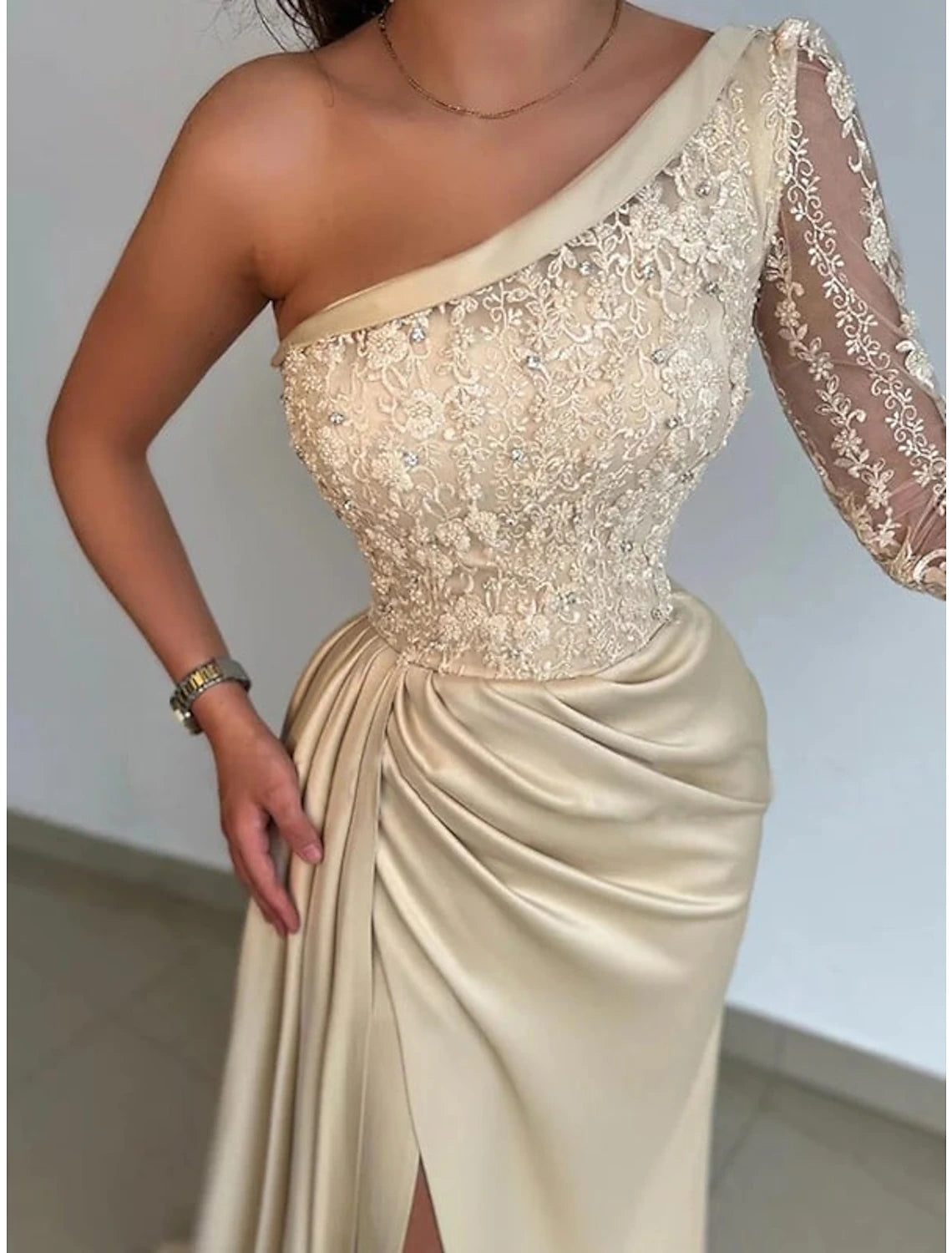 Mermaid / Trumpet Evening Gown Hot Dress Formal Wedding Guest Sweep / Brush Train Long Sleeve One Shoulder Bridesmaid Dress Satin with Rhinestone Appliques