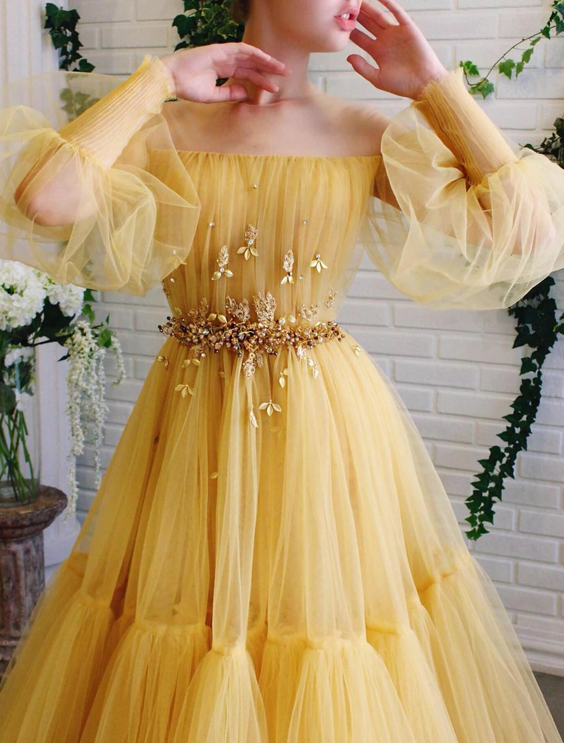 Ball Gown Prom Dresses Elegant Dress Wedding Guest Prom Floor Length Long Sleeve Illusion Neck Tulle with Beading Appliques