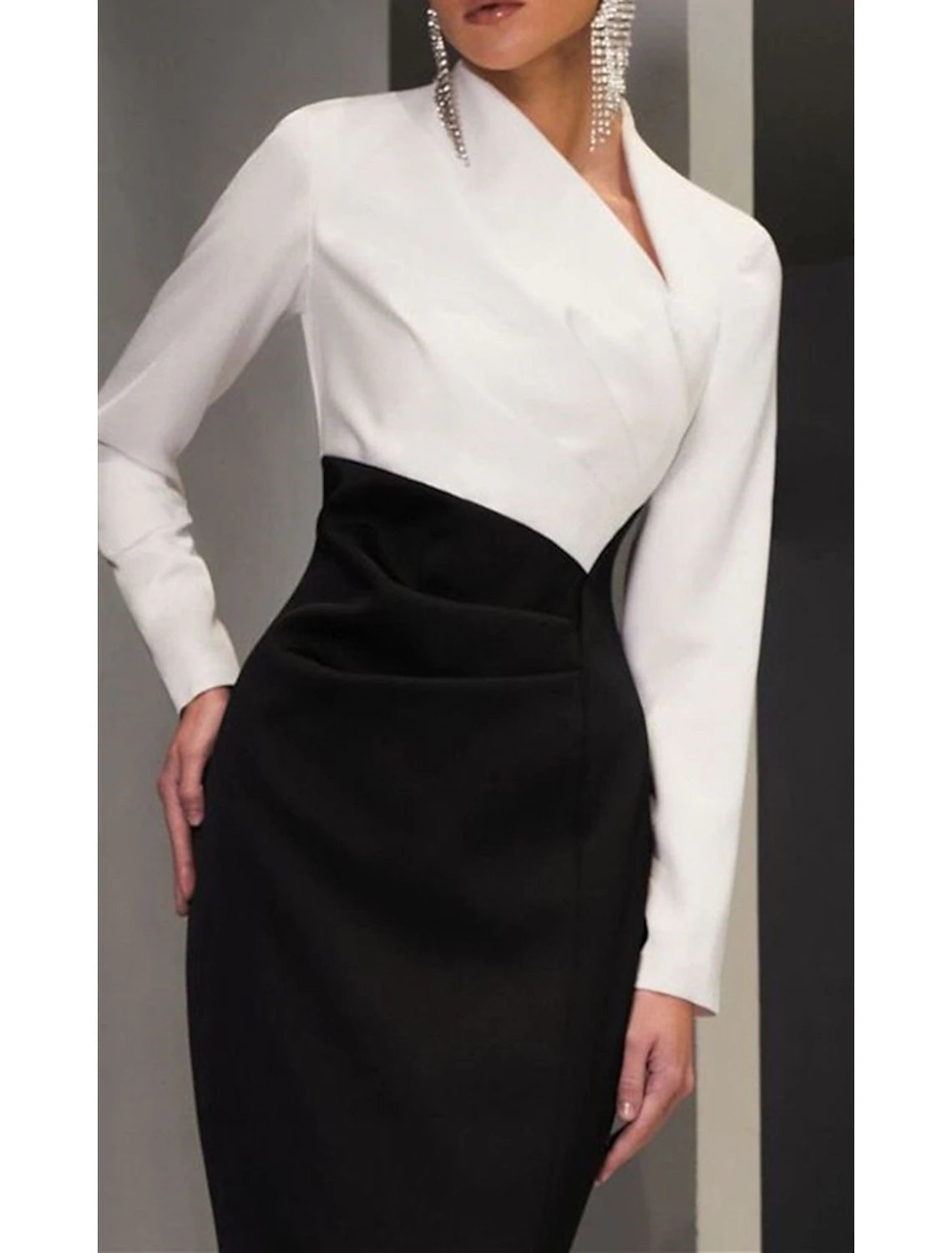 Sheath Black Dress Evening Gown Elegant Dress Formal Wedding Guest Floor Length Long Sleeve V Neck Stretch Fabric with Slit