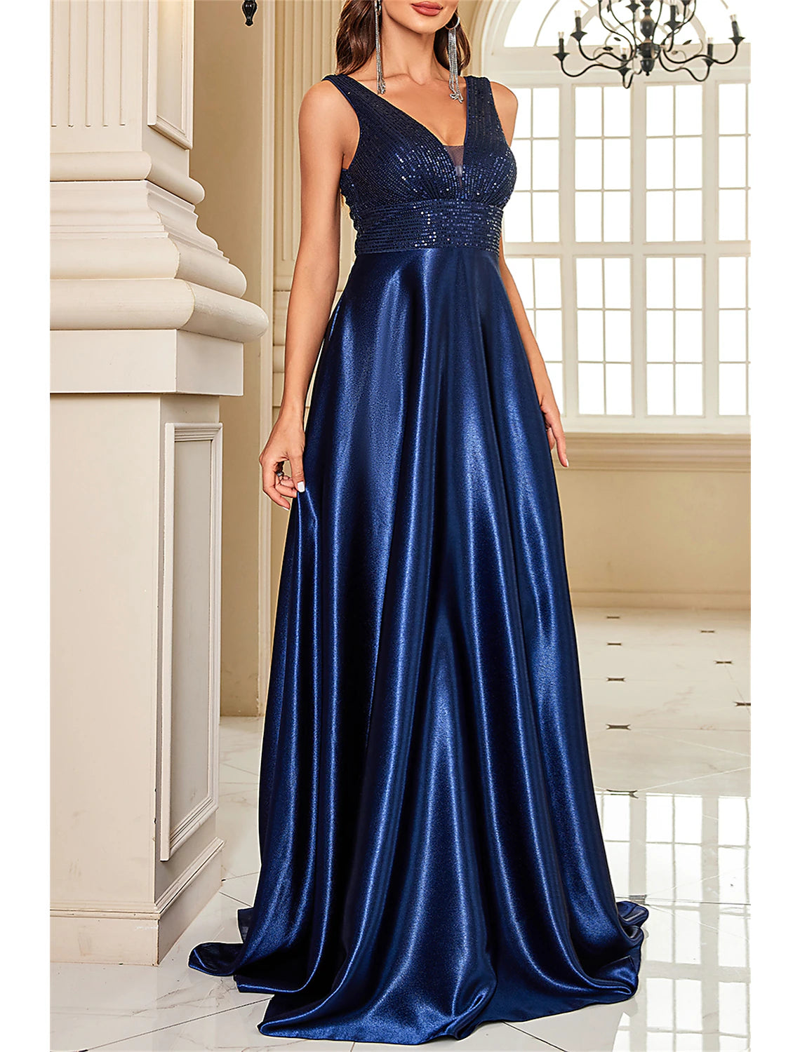 A-Line Mother of the Bride Dress Wedding Guest Party Sparkle & Shine Elegant V Neck Floor Length Satin Sequined Sleeveless with Sequin Color Block