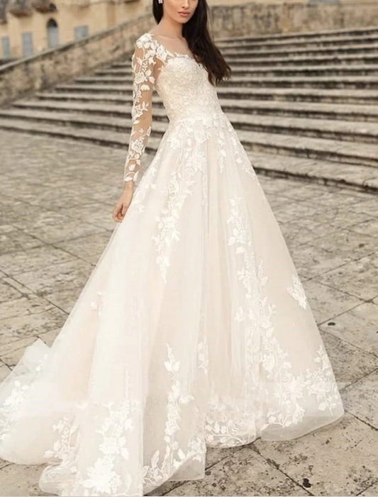 Beach Formal Wedding Dresses A-Line V Neck Long Sleeve Sweep / Brush Train Lace Bridal Gowns With Flower Solid Color