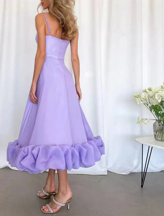 A-Line Party Dresses Tiered Plisse Dress Homecoming Summer Tea Length Sleeveless Spaghetti Strap Polyester with Fringe