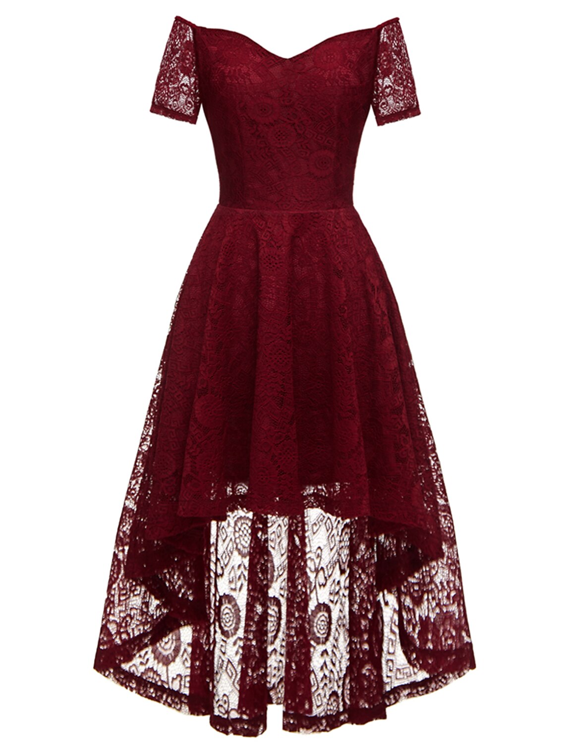 A-Line Cocktail Dresses Vintage Dress Graduation Party Wear Knee Length Short Sleeve Off Shoulder Lace with Pleats