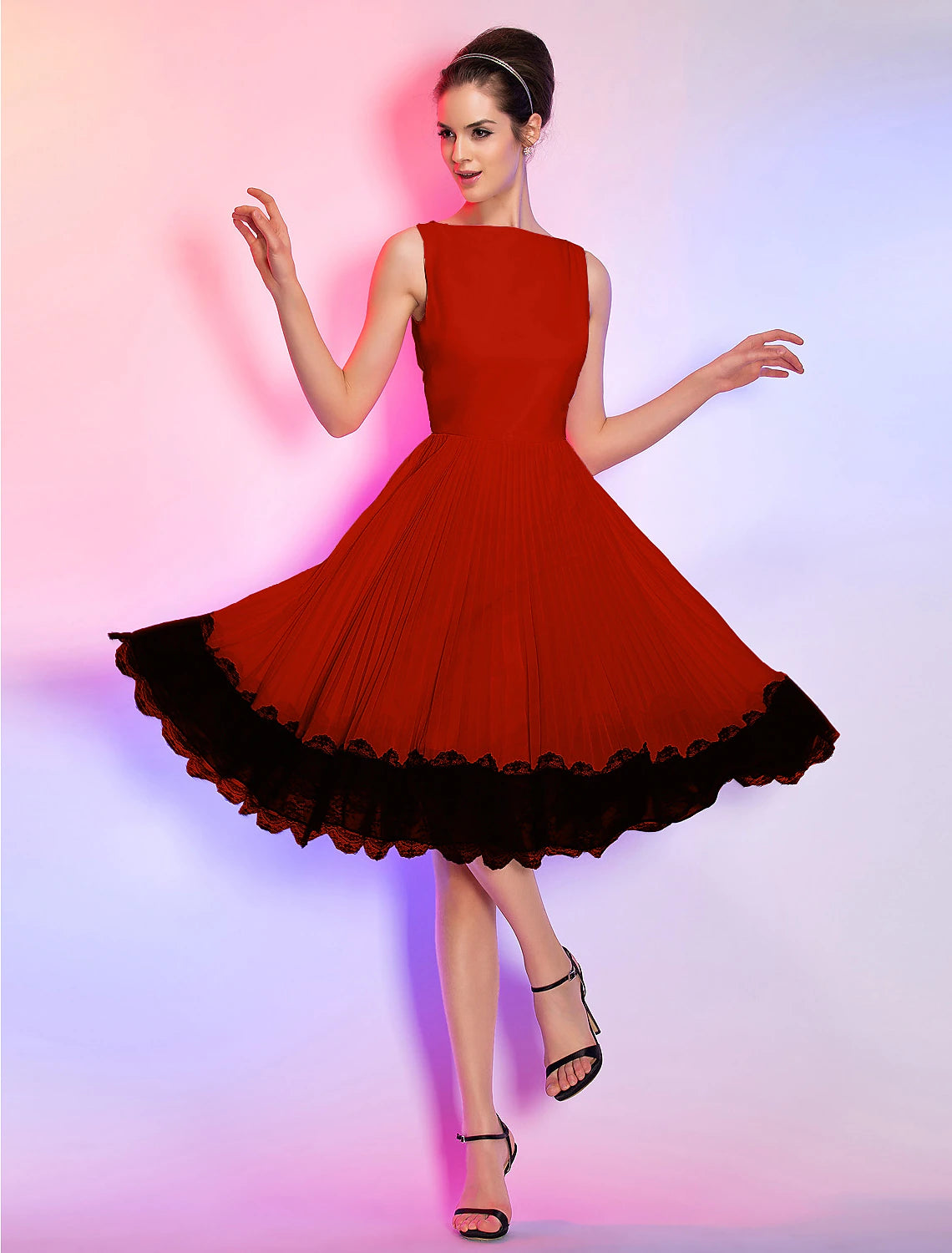 A-Line Cute Dress Homecoming Knee Length Sleeveless Boat Neck Pink Dress Chiffon with Lace