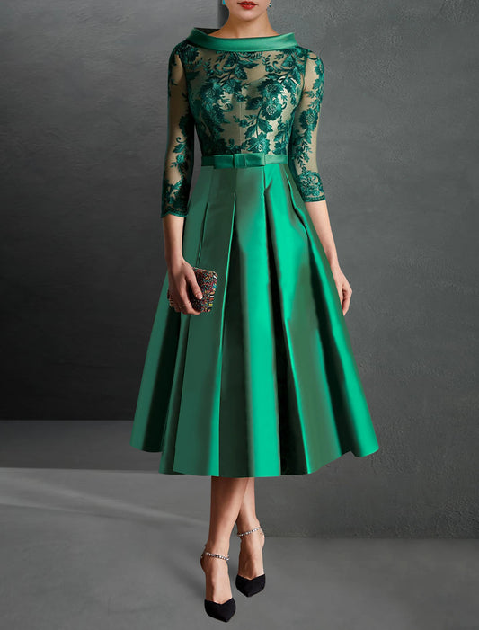 A-Line Cocktail Dresses Elegant Dress Formal Kentucky Derby Tea Length 3/4 Length Sleeve Jewel Neck Fall Wedding Guest Satin with Pleats Appliques