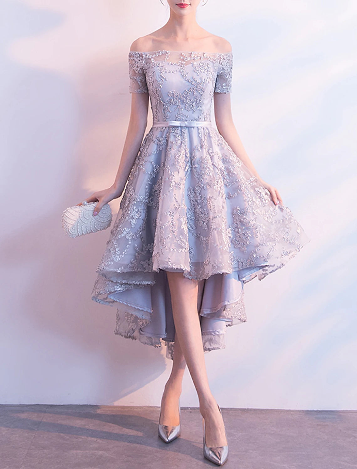 A-Line Cocktail Dresses Minimalist Dress Homecoming Party Wear Asymmetrical Short Sleeve Off Shoulder Tulle with Bow(s) Pleats