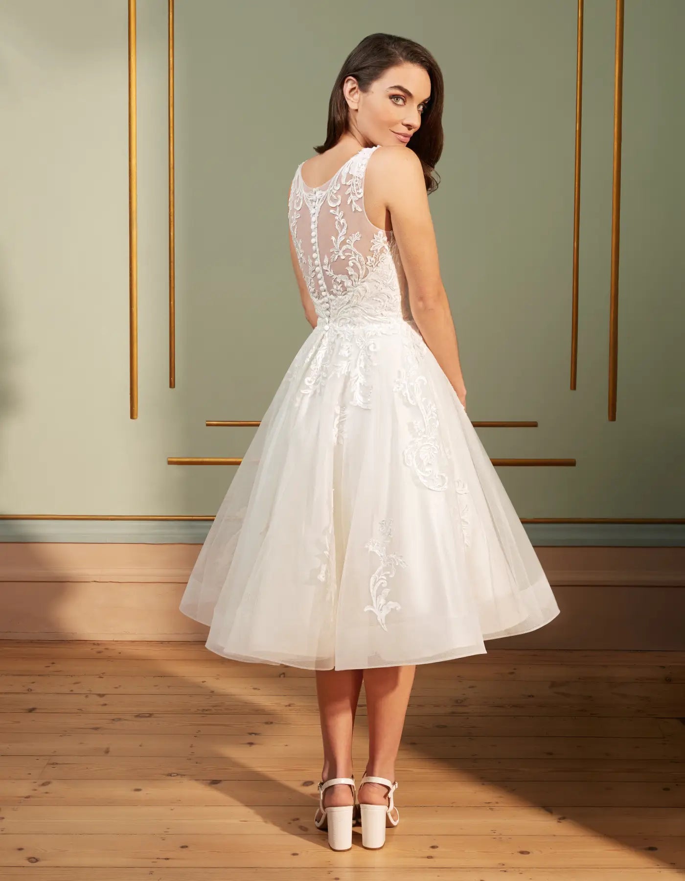 DingJiDress a tea-length dress with illusion straps Wedding Dresses