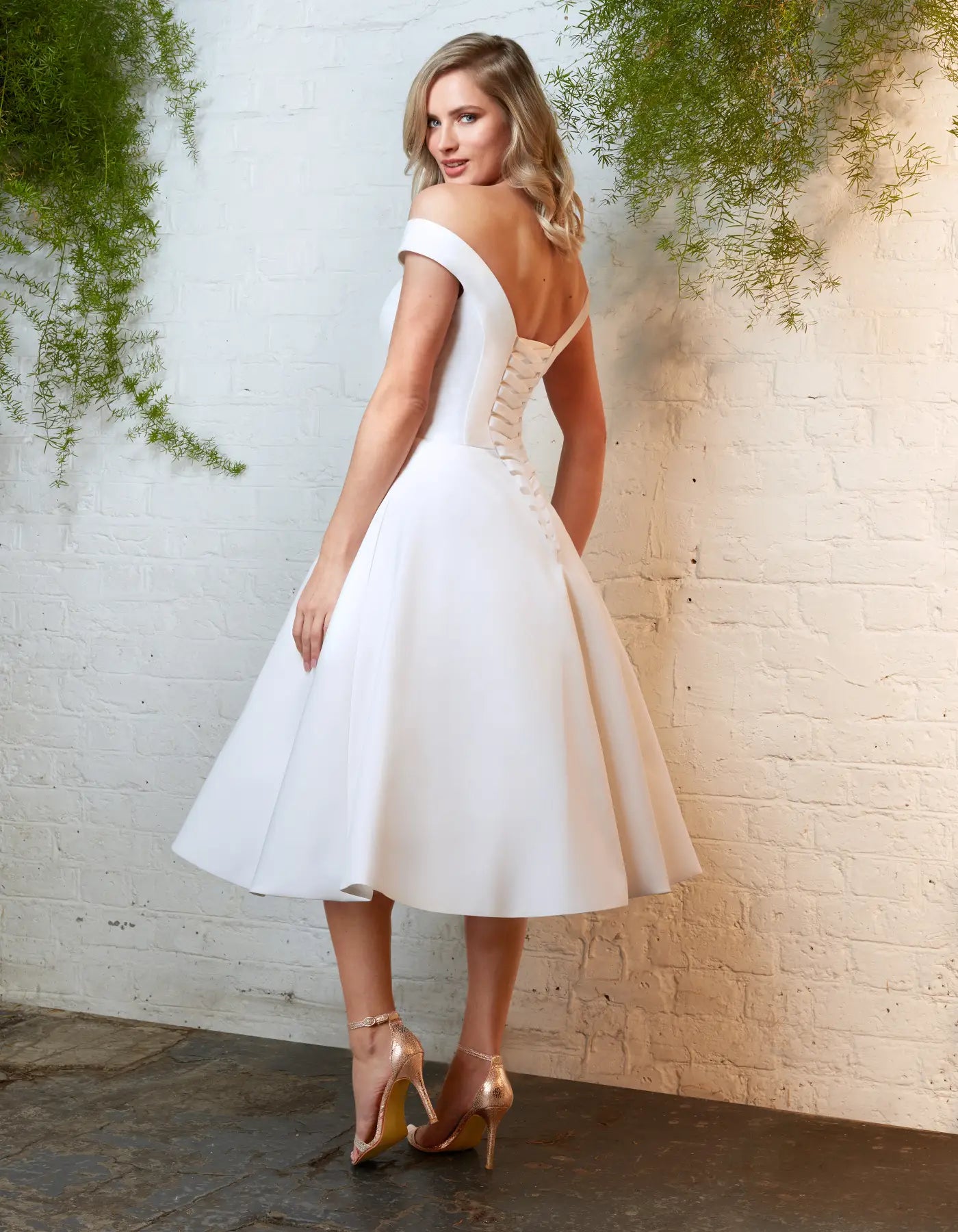 DingJiDress off-the-shoulder mikado tea length with lace-up back Wedding Dresses