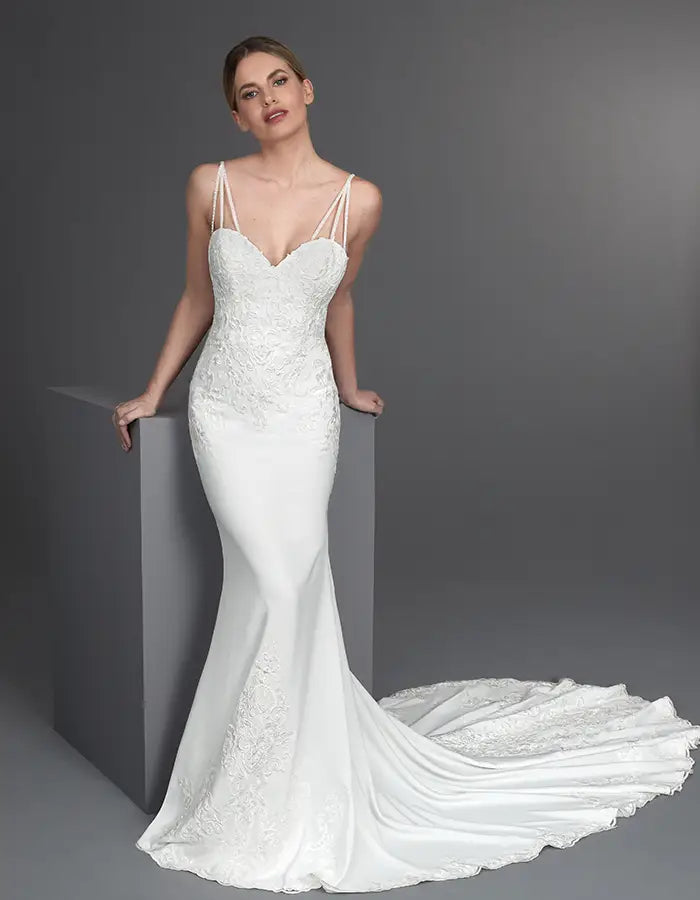 DingJiDress an ornate lace sheath gown with beaded straps