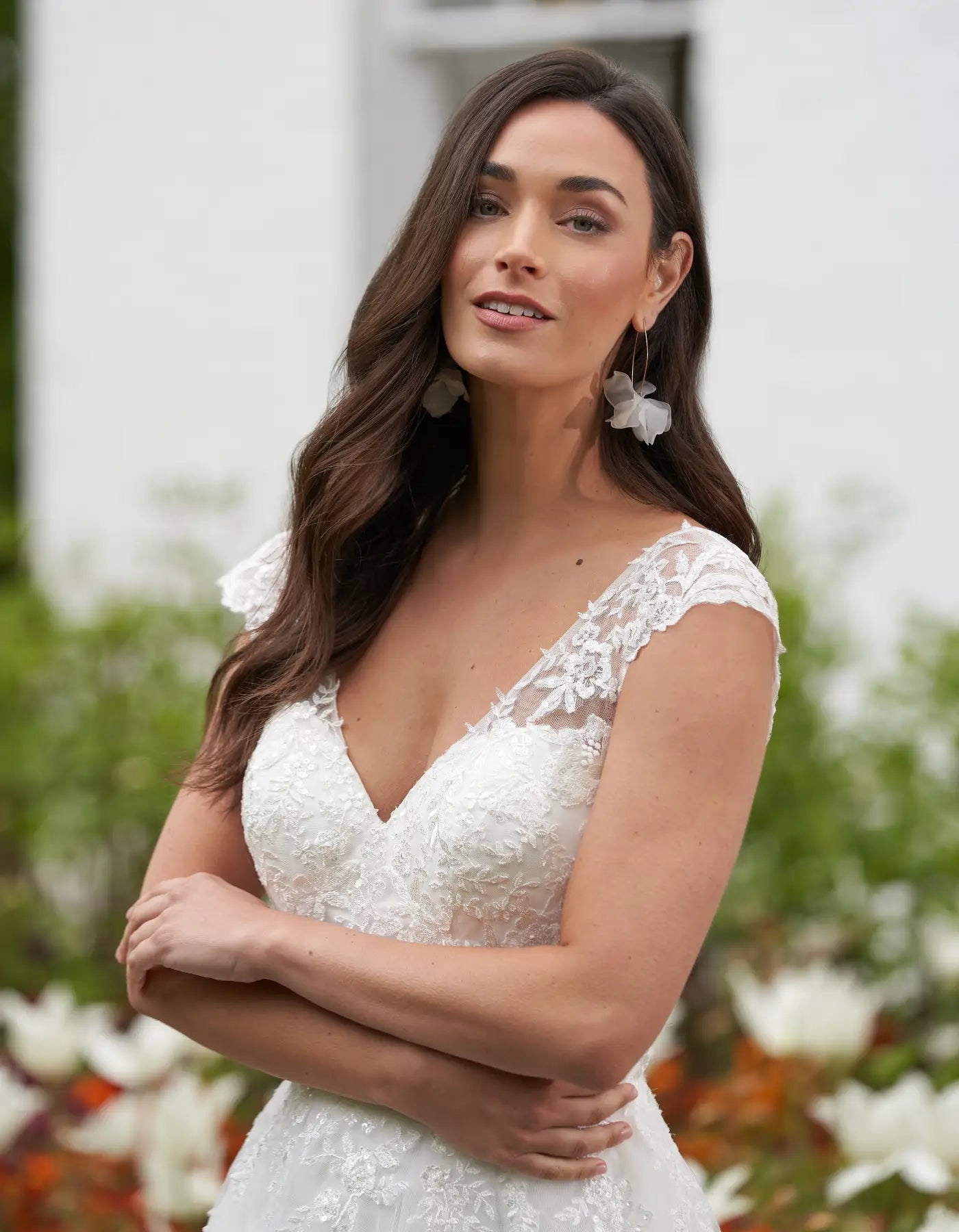 DingJiDress slim a-line with illusion straps and floral lace