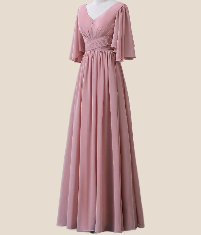 A-Line Bridesmaid Dress V Neck Half Sleeve Elegant Floor Length Chiffon with Pleats / Ruffles