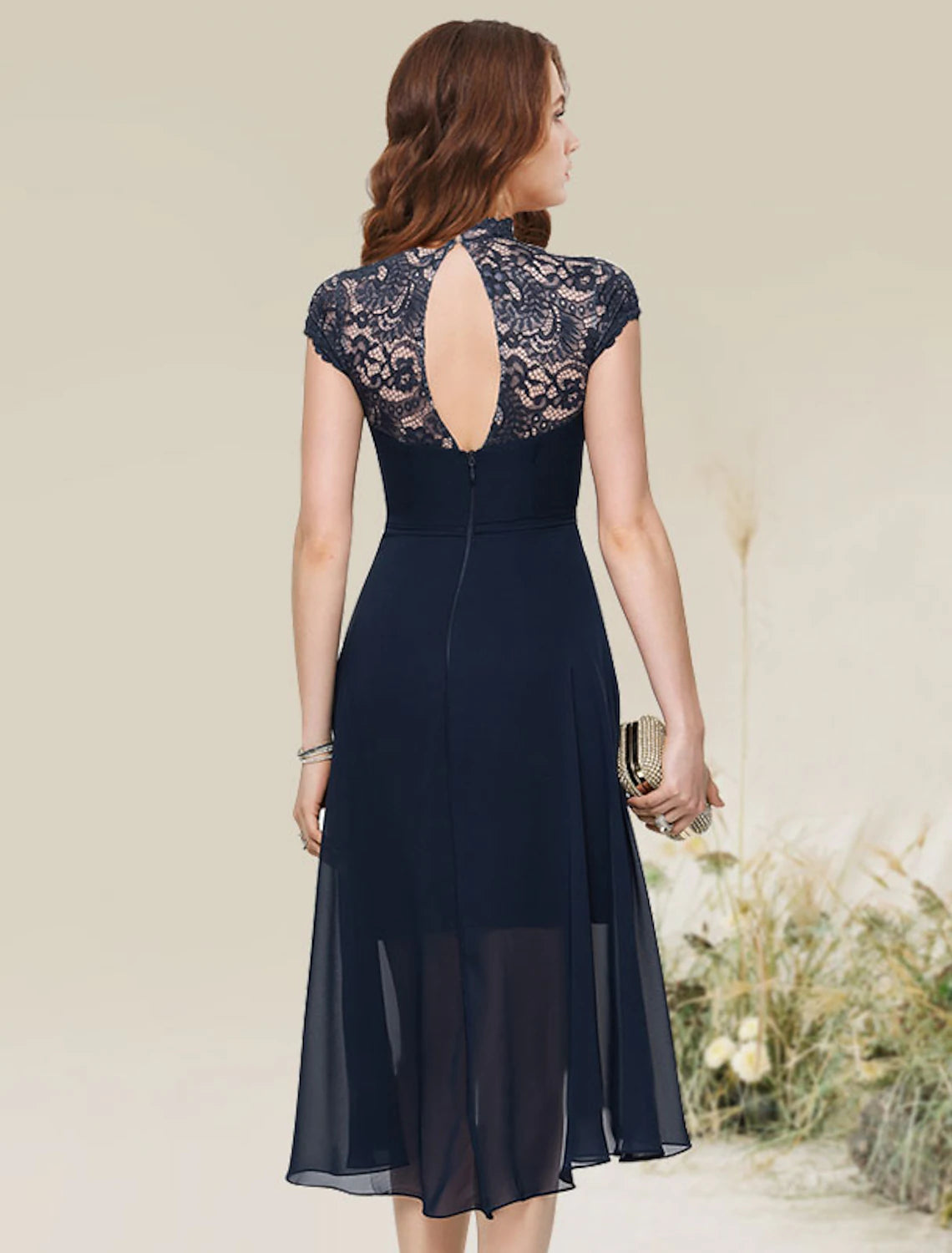 A-Line Cocktail Dresses Flirty Dress Homecoming Wedding Guest Asymmetrical Sleeveless Jewel Neck Chiffon with Lace