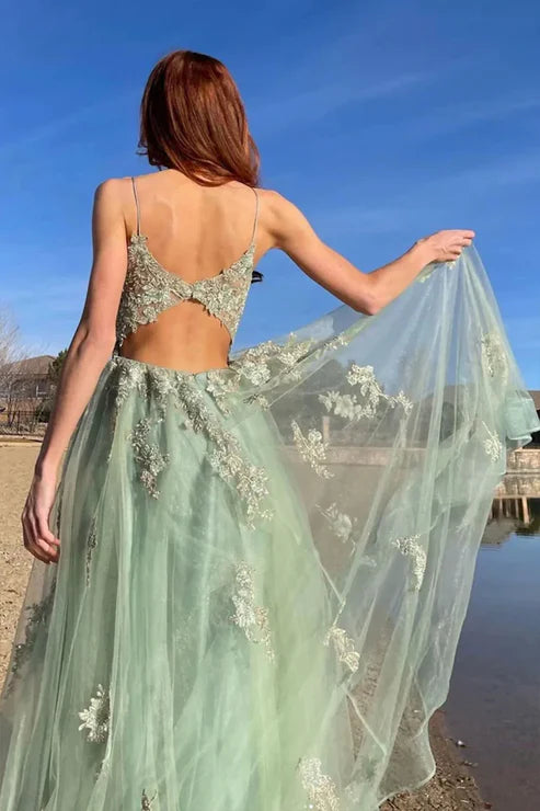 DingJiDress Elegant A Line Evening Dress Mint Green Tulle Prom Dresses With Appliques