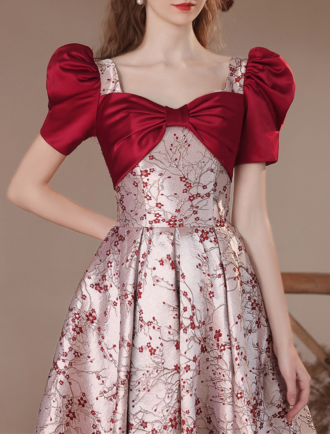 A-Line Party Dresses Floral Dress Masquerade Prom Floor Length Short Sleeve Square Neck Satin with Embroidery