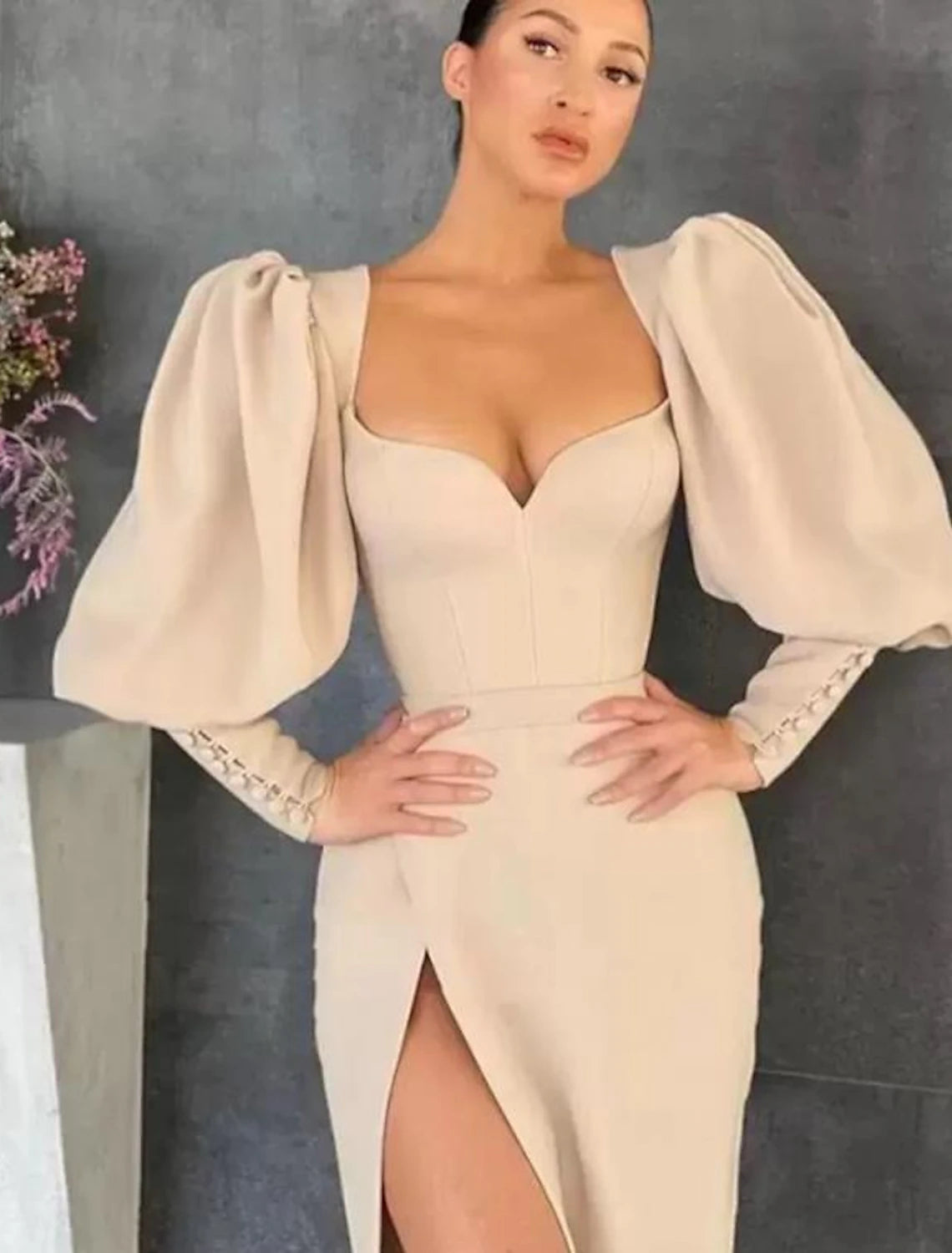 Mermaid / Trumpet Sheath / Column Cocktail Dresses Sexy Dress Party Wear Wedding Guest Floor Length Long Sleeve Sweetheart Stretch Fabric Ladder Back with Buttons