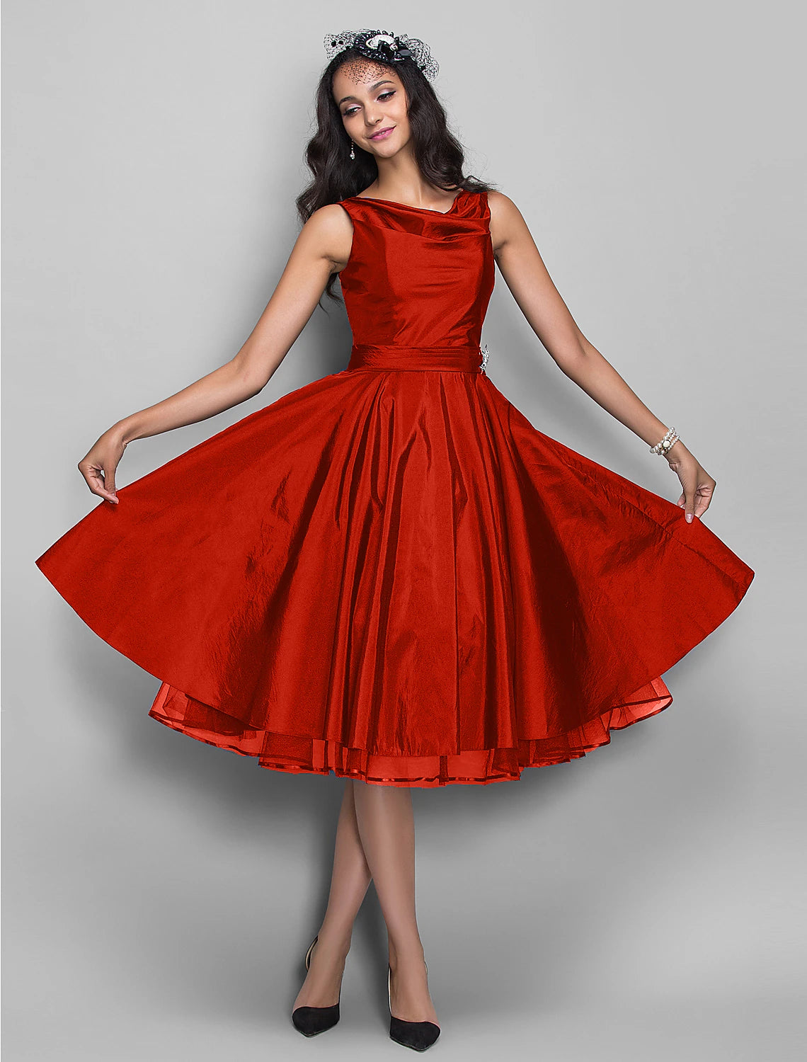 A-Line Cocktail Dresses Vintage Dress Halloween Wedding Guest Knee Length Sleeveless V Neck Taffeta with Pleats Crystals