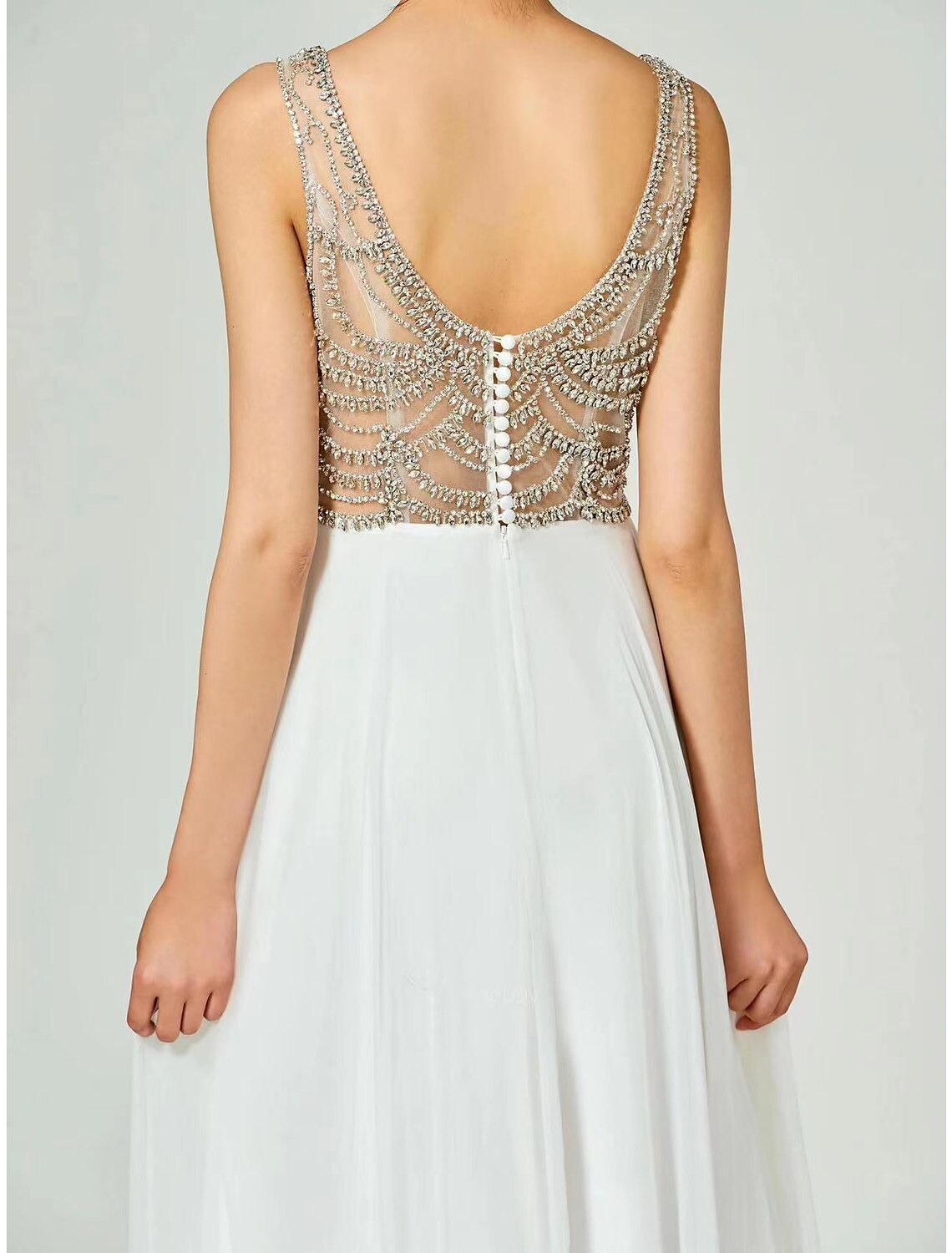 Evening Gown Beautiful Back Dress Wedding Guest Floor Length Sleeveless High Neck Chiffon with Appliques