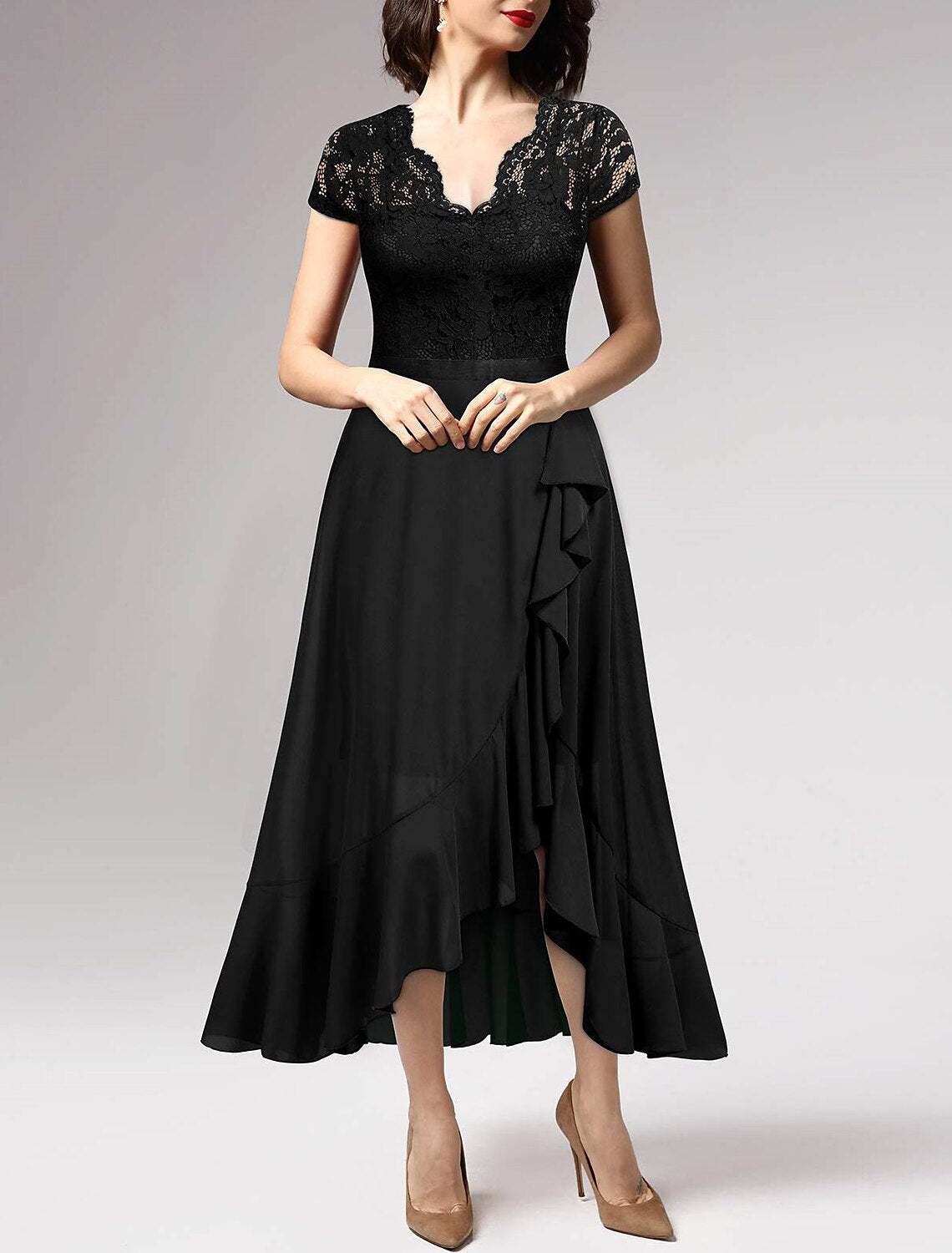 A-Line Cocktail Dresses Little Black Dress Dress Wedding Guest Cocktail Party Asymmetrical Short Sleeve One Shoulder Chiffon with Pleats
