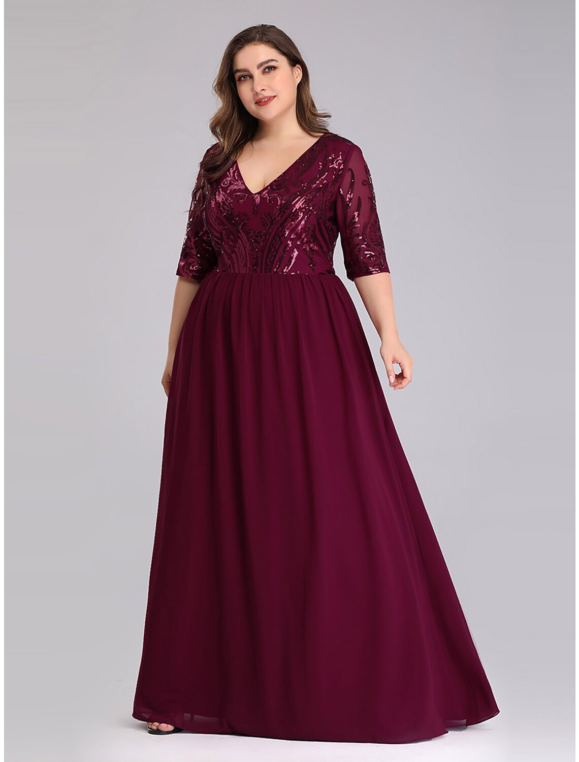 A-Line Prom Dresses Plus Size Dress Wedding Guest Floor Length Half Sleeve Plunging Neck Chiffon with