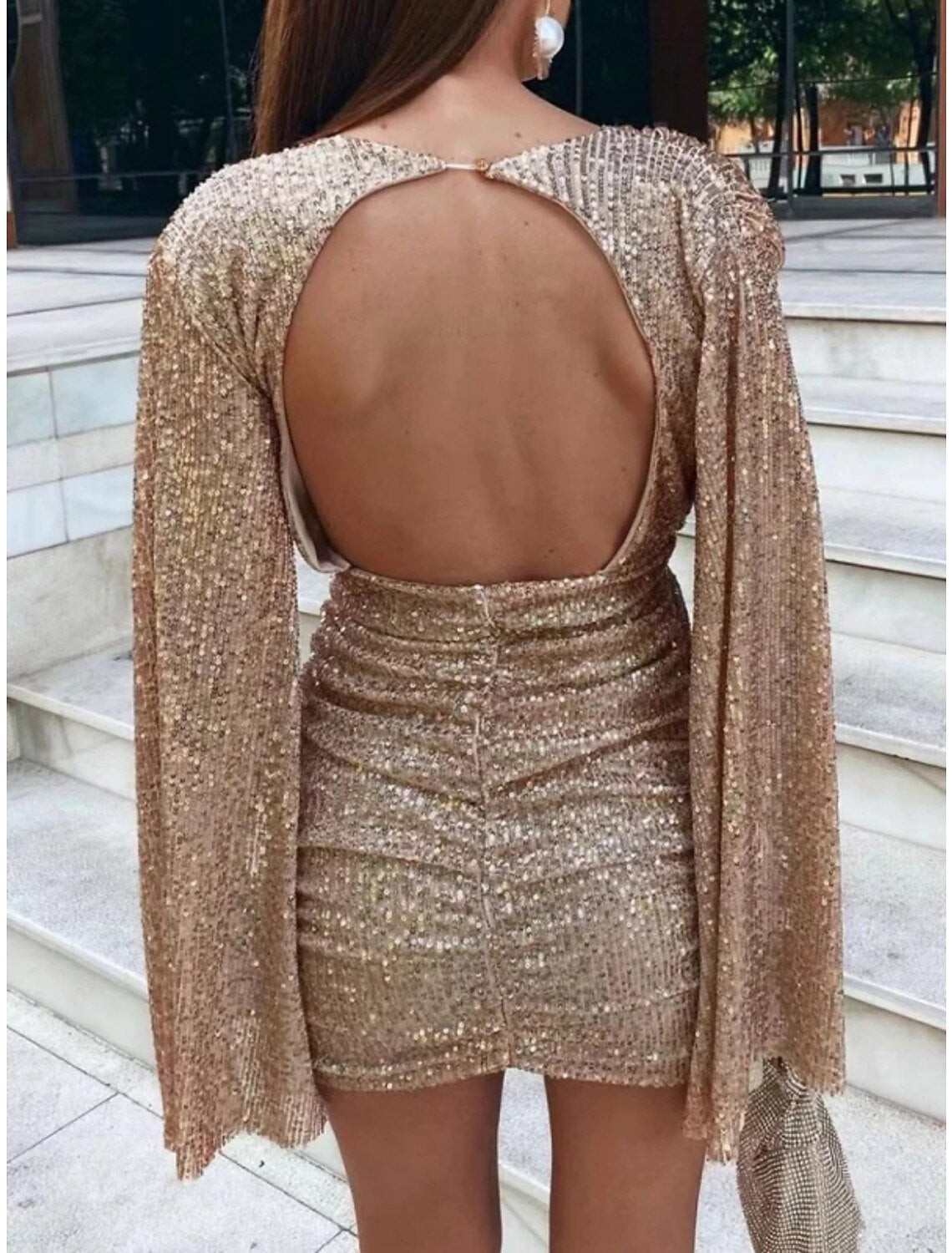 Sheath / Column Party Dresses Backless Dress Party Wear Short / Mini Long Sleeve V Neck Sequined Backless with Glitter Ruched
