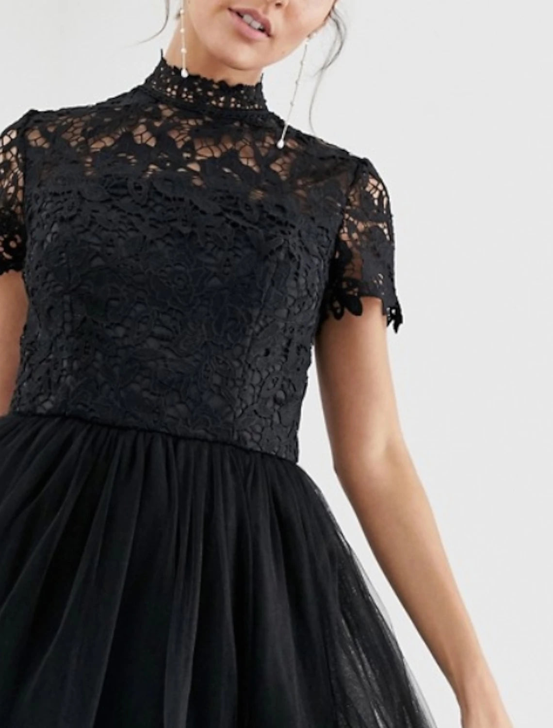 A-Line Cocktail Dresses Little Black Dress Dress Party Wear Wedding Guest Tea Length Short Sleeve High Neck Wednesday Addams Family Lace with Pleats