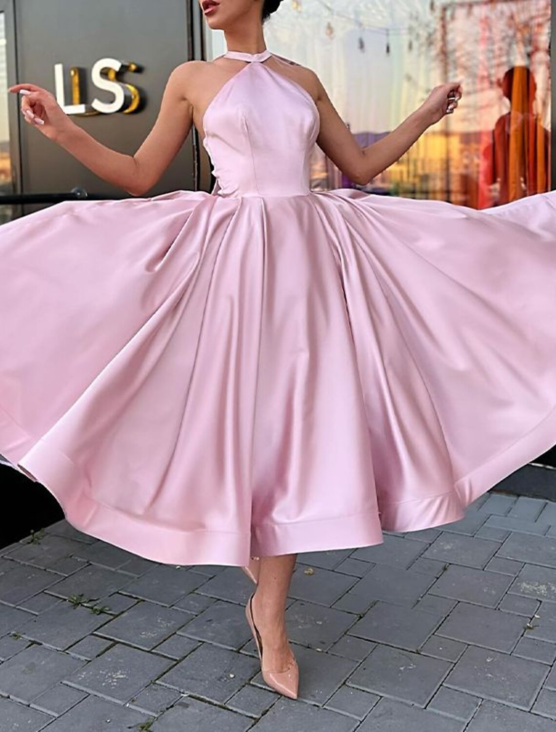 A-Line Evening Gown Plus Size Dress Homecoming Wedding Guest Ankle Length Sleeveless Halter Neck Satin with Butterfly