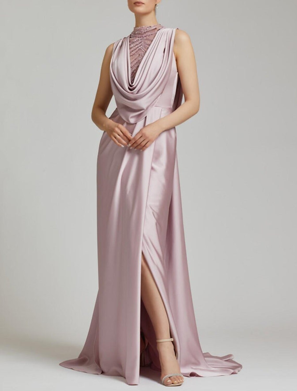 Mermaid / Trumpet Evening Gown Elegant Dress Formal Christmas Court Train Sleeveless Cowl Neck Satin with Ruched Slit