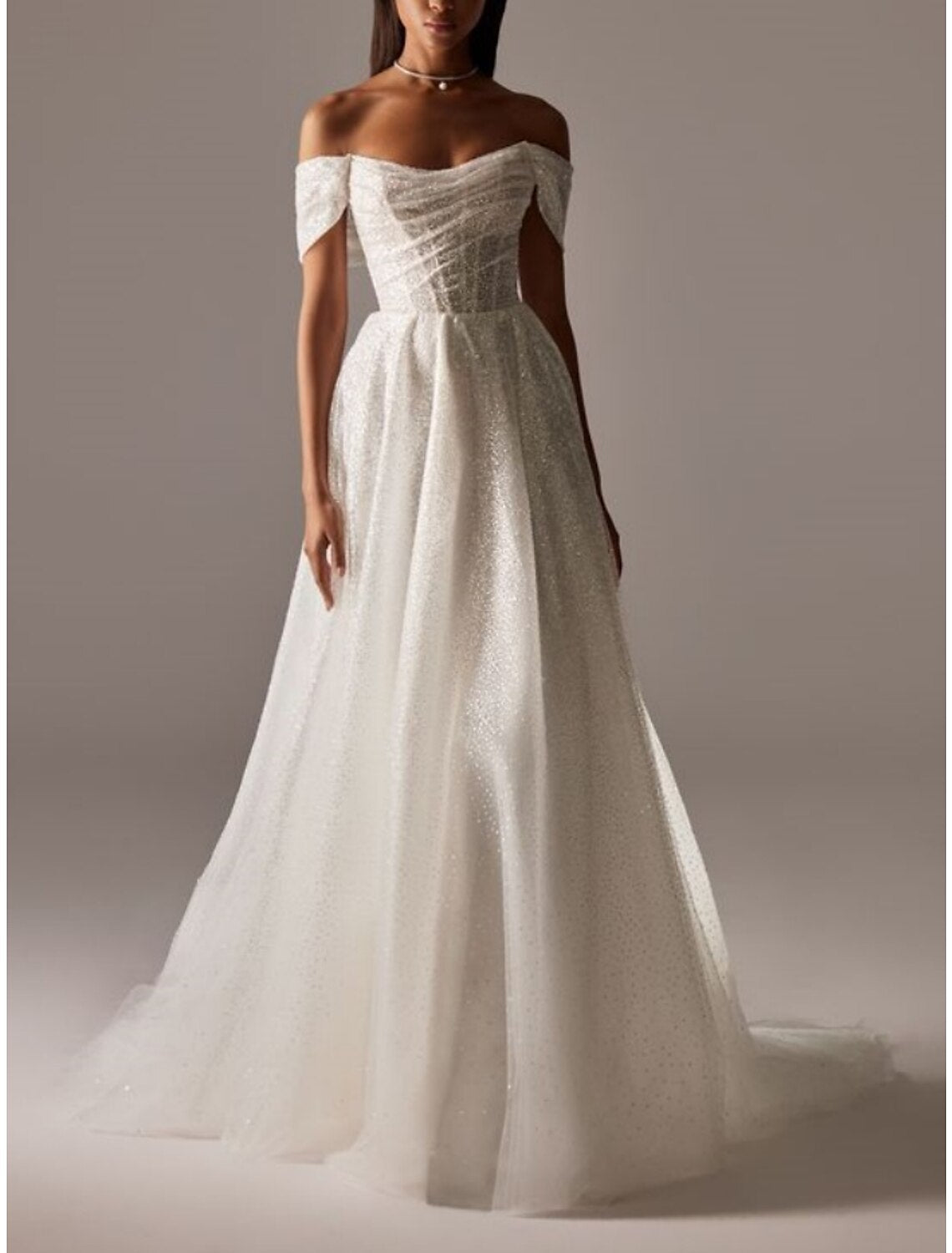 Formal Wedding Dresses A-Line Off Shoulder Short Sleeve Court Train Tulle Bridal Gowns With Pleats Ruched