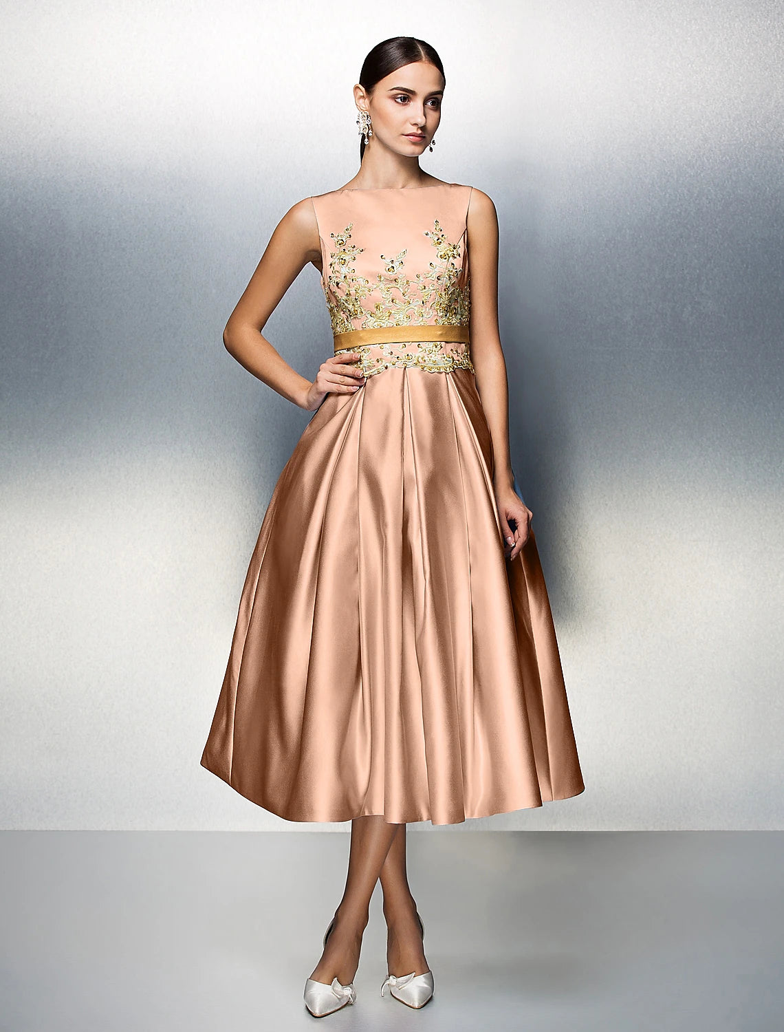 A-Line Cocktail Dresses Party Dress Wedding Guest Tea Length Sleeveless Jewel Neck Satin V Back with Pleats Appliques