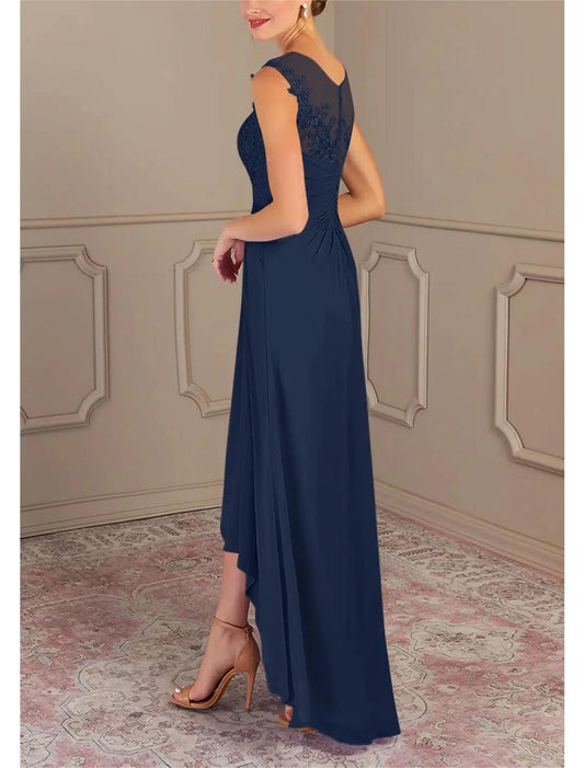 A-Line Mother of the Bride Dress Formal Wedding Guest Elegant Jewel Neck Asymmetrical Chiffon Sleeveless with Lace Sequin Ruching