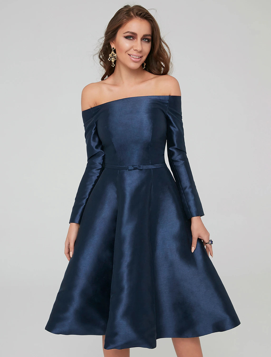 A-Line Special Occasion Dresses Party Dress Wedding Guest Knee Length Long Sleeve Off Shoulder Satin with Pleats