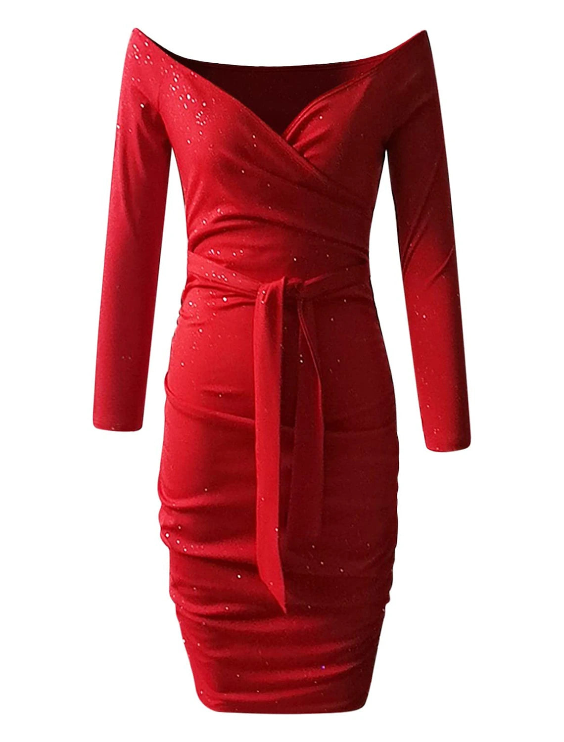 Sheath / Column Party Dresses Sparkle & Shine Dress Wedding Guest Party Wear Knee Length Long Sleeve Off Shoulder Polyester with Sequin Pure Color