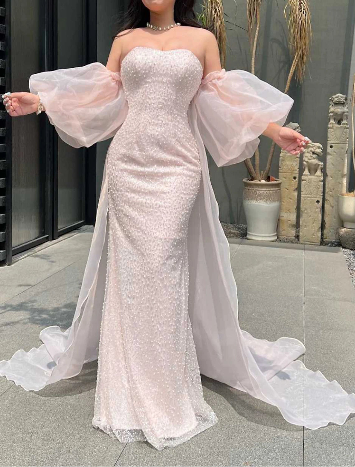 Mermaid / Trumpet Prom Dresses Sparkle & Shine Dress Formal Floor Length Short Sleeve Strapless Organza with Pearls