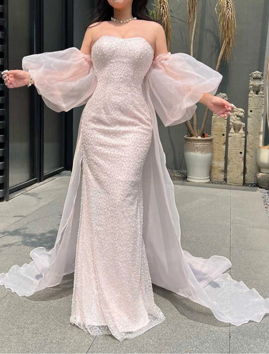 Mermaid / Trumpet Prom Dresses Sparkle & Shine Dress Formal Floor Length Short Sleeve Strapless Organza with Pearls