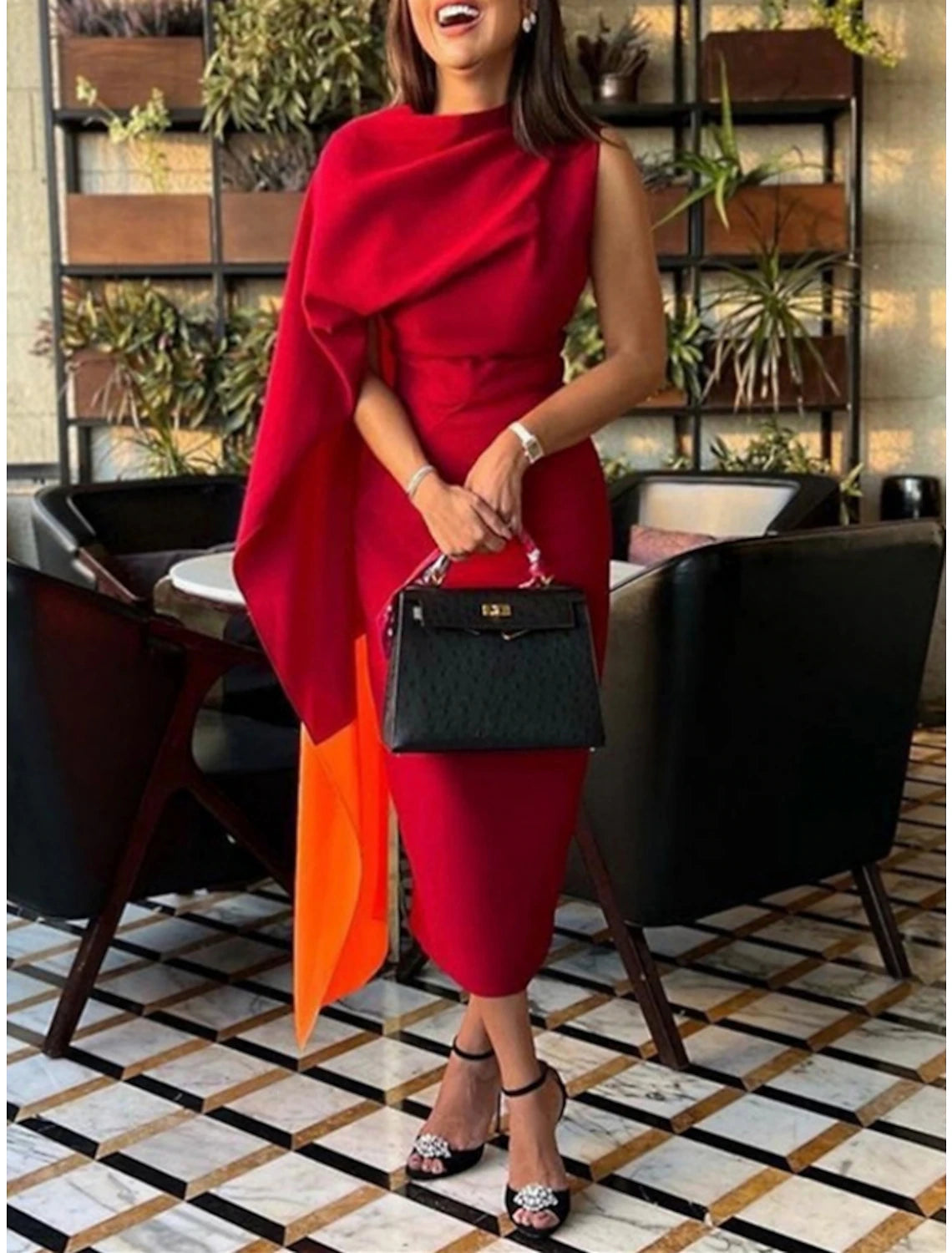 Sheath / Column Evening Gown Elegant Dress Formal Tea Length Christmas Red Green Dress Sleeveless Cowl Neck Stretch Fabric with Ruched