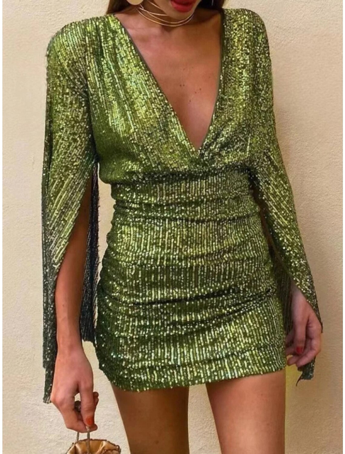 Sheath / Column Party Dresses Backless Dress Party Wear Short / Mini Long Sleeve V Neck Sequined Backless with Glitter Ruched