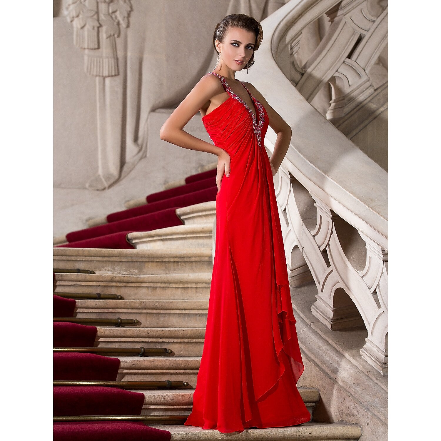 A-Line Celebrity Style Dress Formal Evening Military Ball Floor Length Sleeveless Plunging Neck Chiffon with Beading