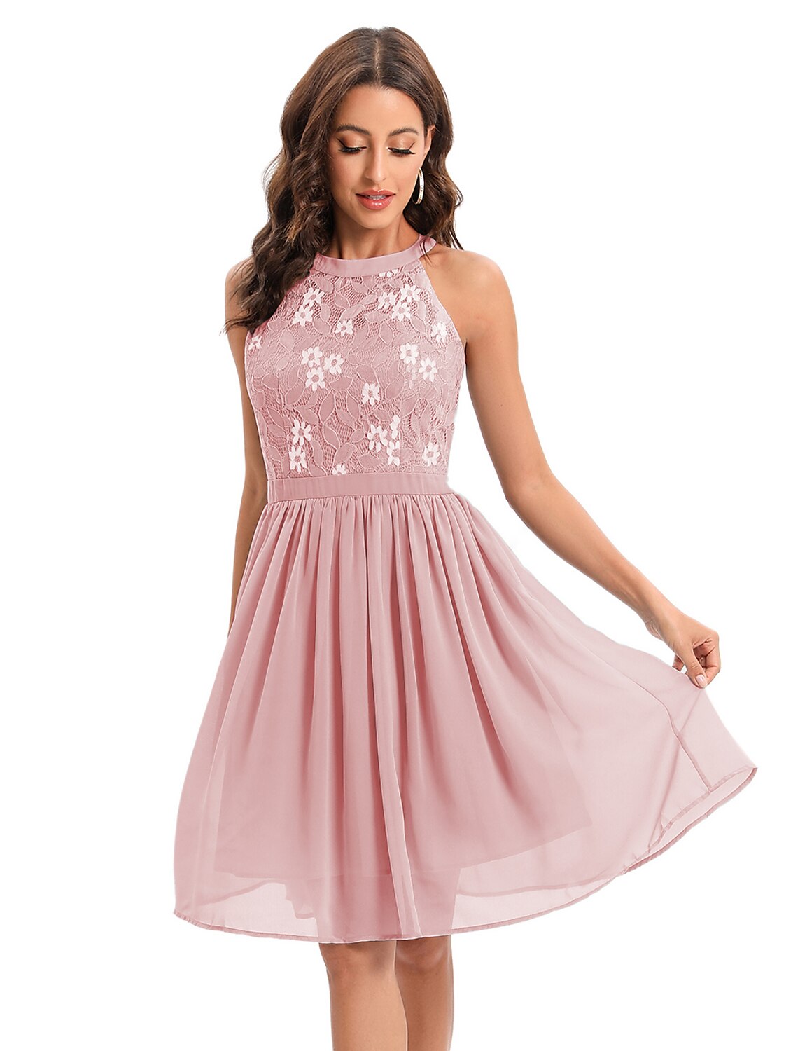 A-Line Cocktail Dresses Vintage Dress Graduation Party Wear Knee Length Sleeveless Jewel Neck Cotton Blend with Lace Insert Pattern / Print Splicing