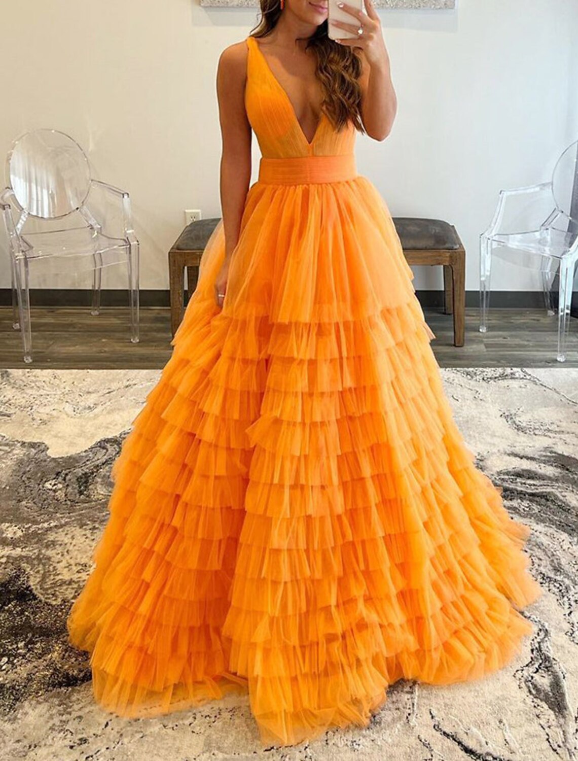 Ball Gown Evening Gown Elegant Dress Quinceanera Birthday Floor Length Sleeveless V Neck Tulle with Pleats