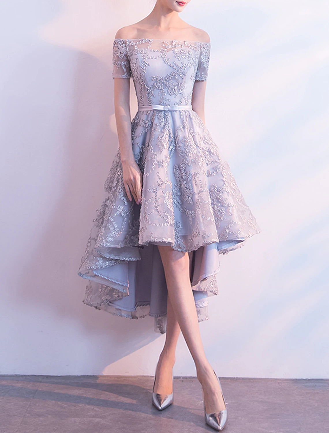 A-Line Cocktail Dresses Minimalist Dress Homecoming Party Wear Asymmetrical Short Sleeve Off Shoulder Tulle with Bow(s) Pleats