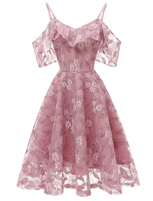 A-Line Cocktail Dresses Vintage Dress Graduation Party Wear Knee Length Short Sleeve Spaghetti Strap Lace with Lace Insert Pattern / Print