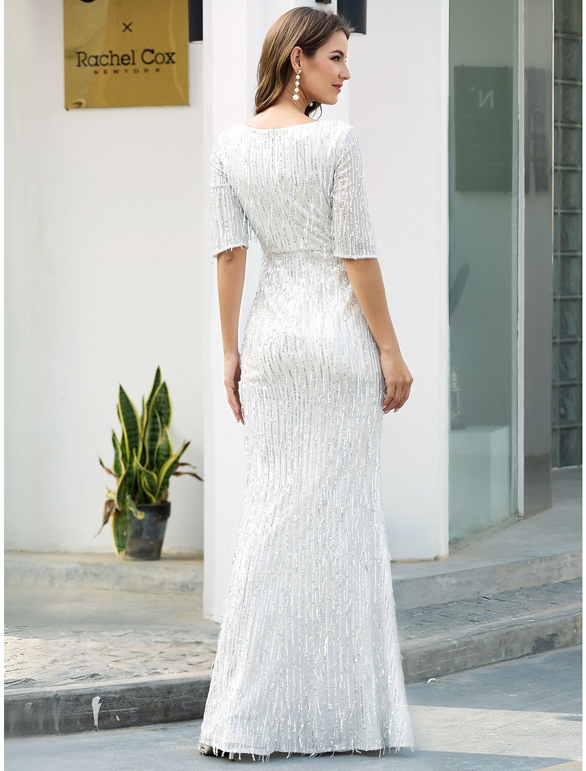 Evening Gown Glittering Dress Engagement Floor Length Half Sleeve V Neck Polyester with Sequin Tassel