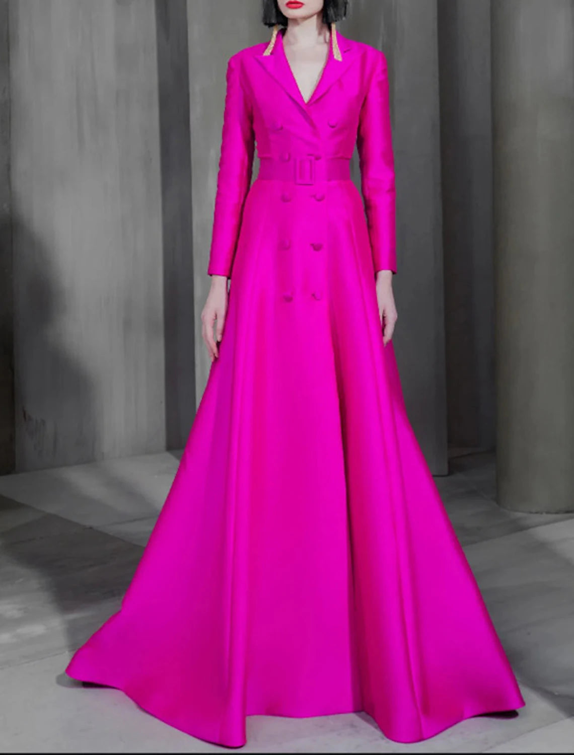 A-Line Celebrity Style Elegant Wedding Guest Formal Evening Dress Shirt Collar Long Sleeve Court Train Satin with Sash / Ribbon Buttons