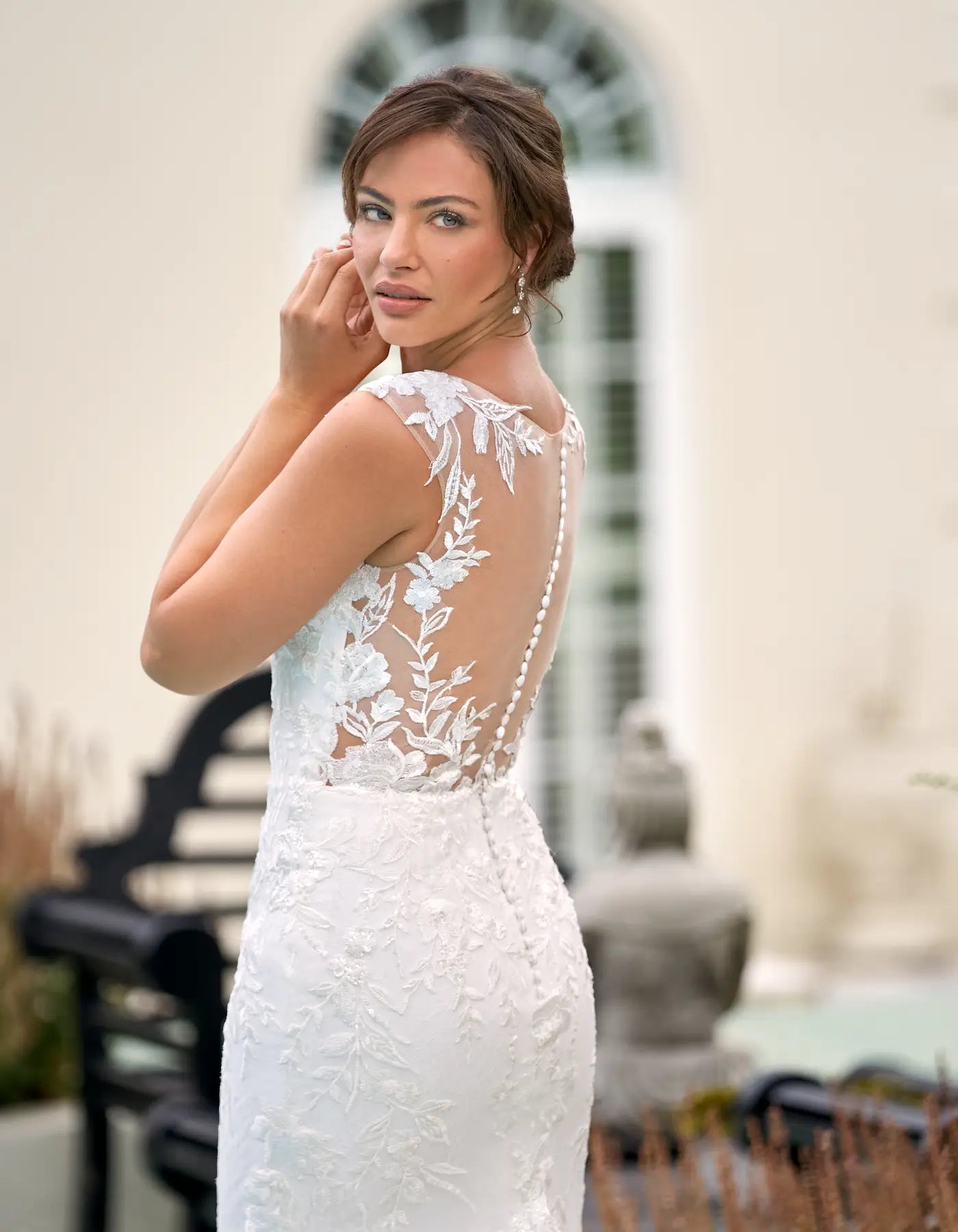 DingJiDress a floral lace sheath with illusion bodice