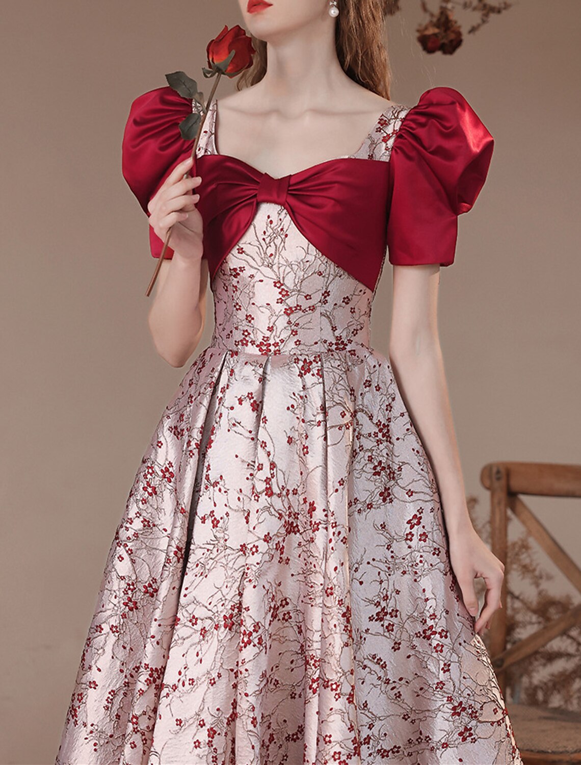 A-Line Party Dresses Floral Dress Masquerade Prom Floor Length Short Sleeve Square Neck Satin with Embroidery